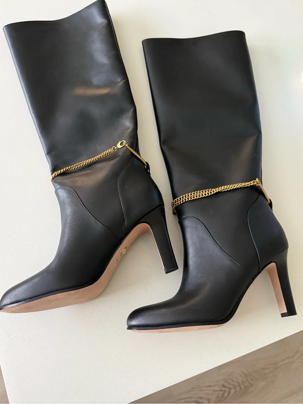 Veronica Beard Black Over-the-Knee Leather Boots with Gold Chain